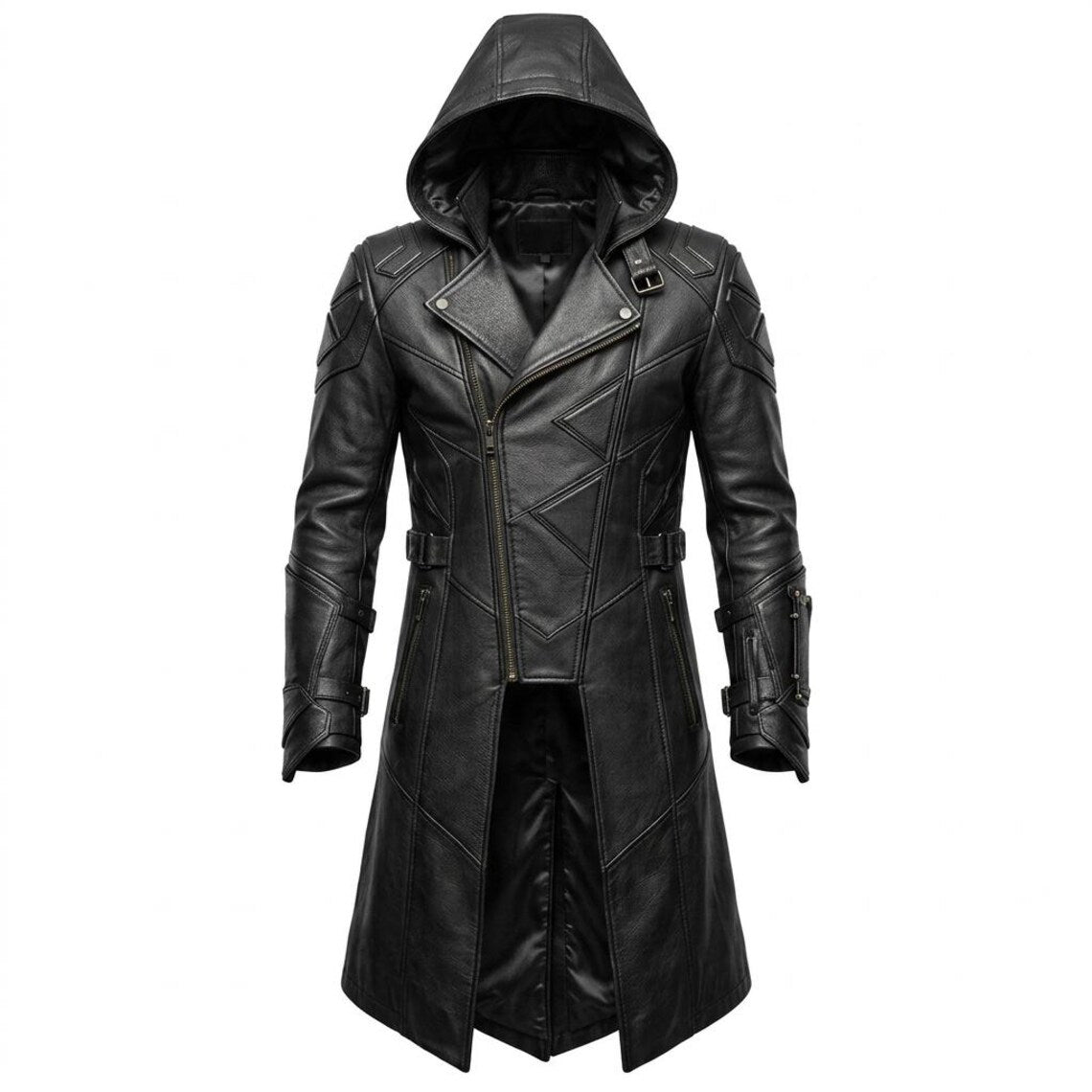 Front view of black leather hooded trench coat with structured shoulders