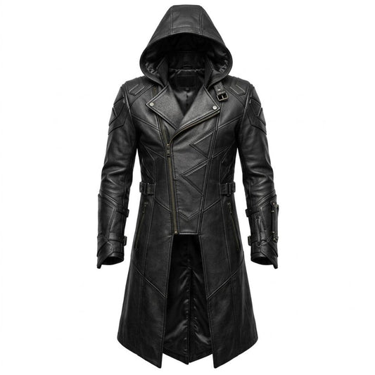 Front view of black leather hooded trench coat with structured shoulders