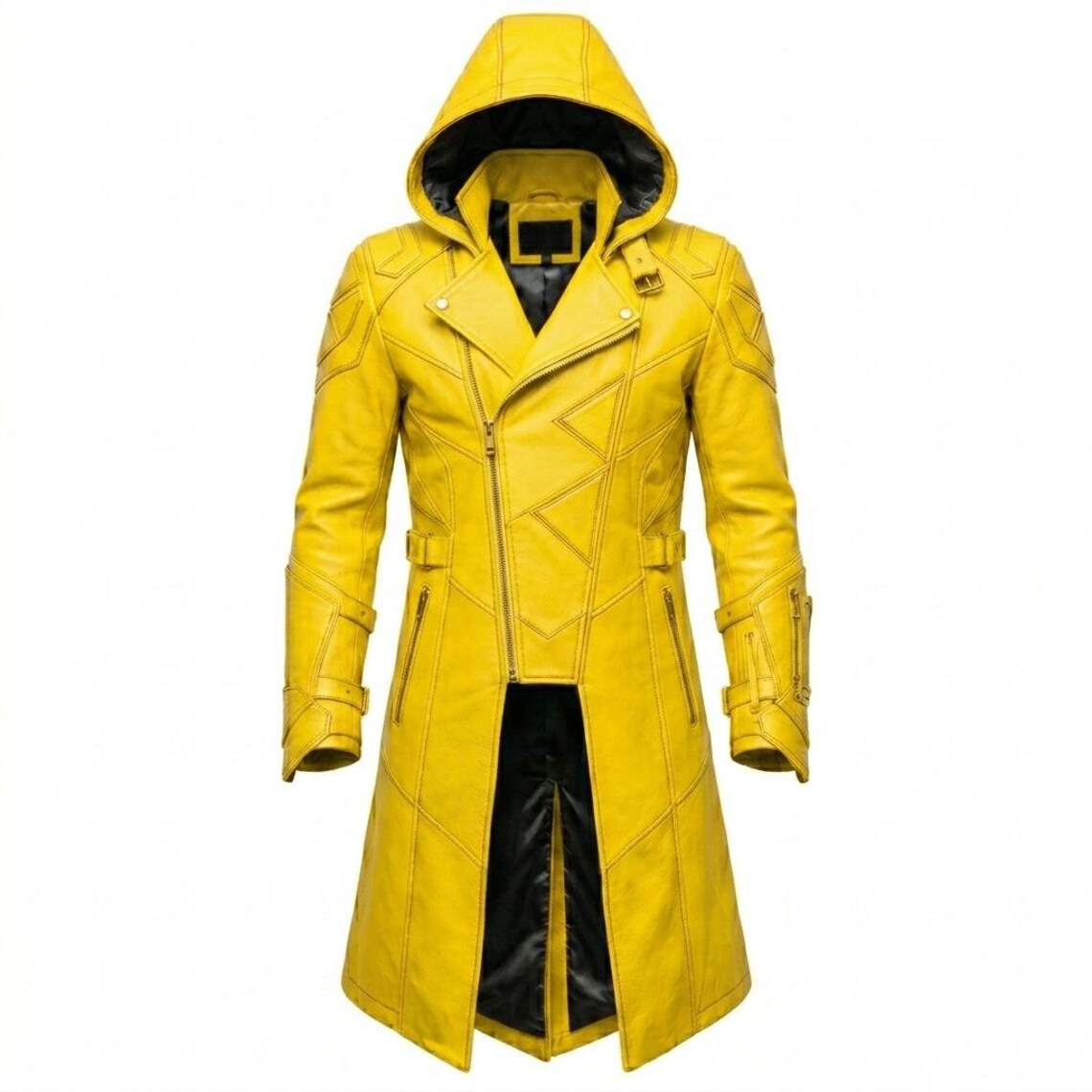  Front view of yellow leather hooded trench coat in gothic biker style
