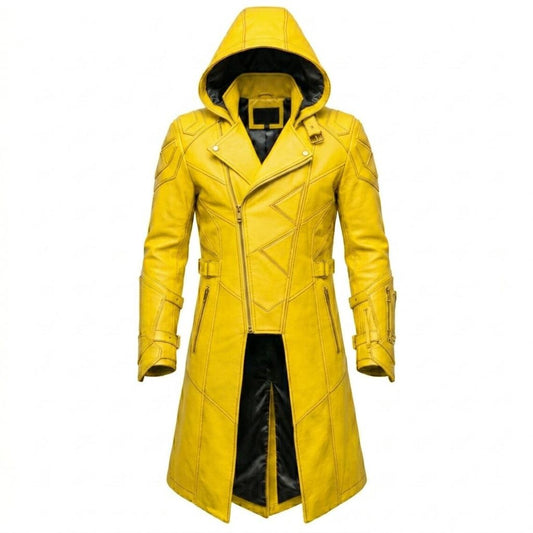  Front view of yellow leather hooded trench coat in gothic biker style