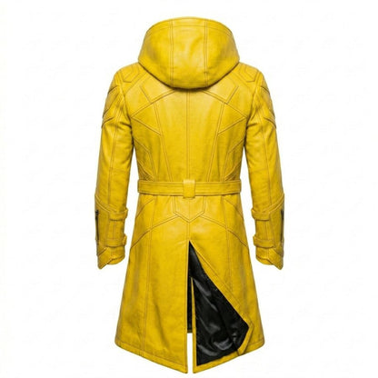 Back view of long yellow leather trench coat streetwear style