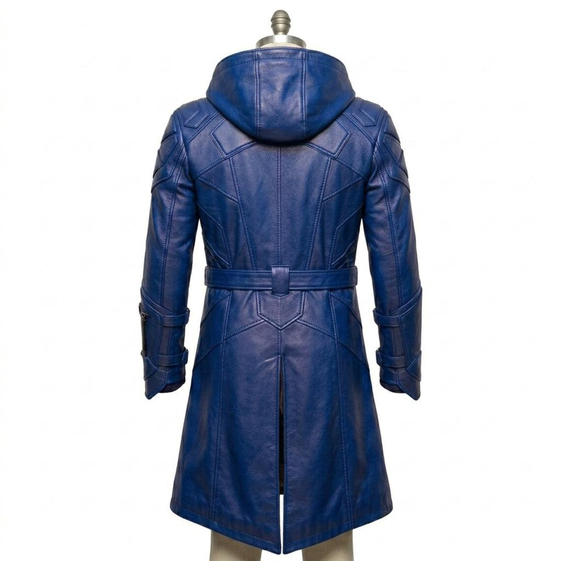 Back view of mens blue leather trench coat
