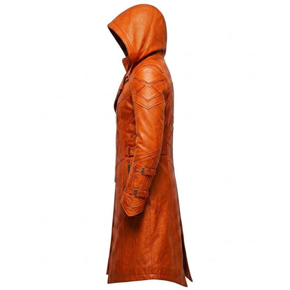  Side profile of classic fit men’s maroon leather jacket