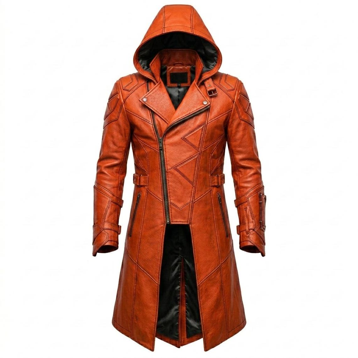 Front view of men’s maroon leather jacket with classic shirt collar