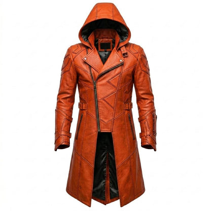 Front view of men’s maroon leather jacket with classic shirt collar