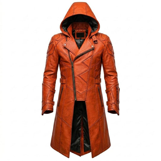 Front view of men’s maroon leather jacket with classic shirt collar