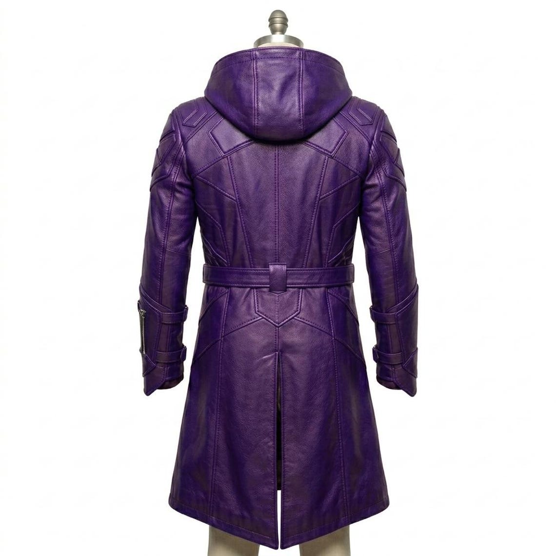 Back view of cyberpunk biker purple leather coat