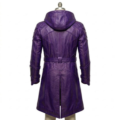 Back view of cyberpunk biker purple leather coat