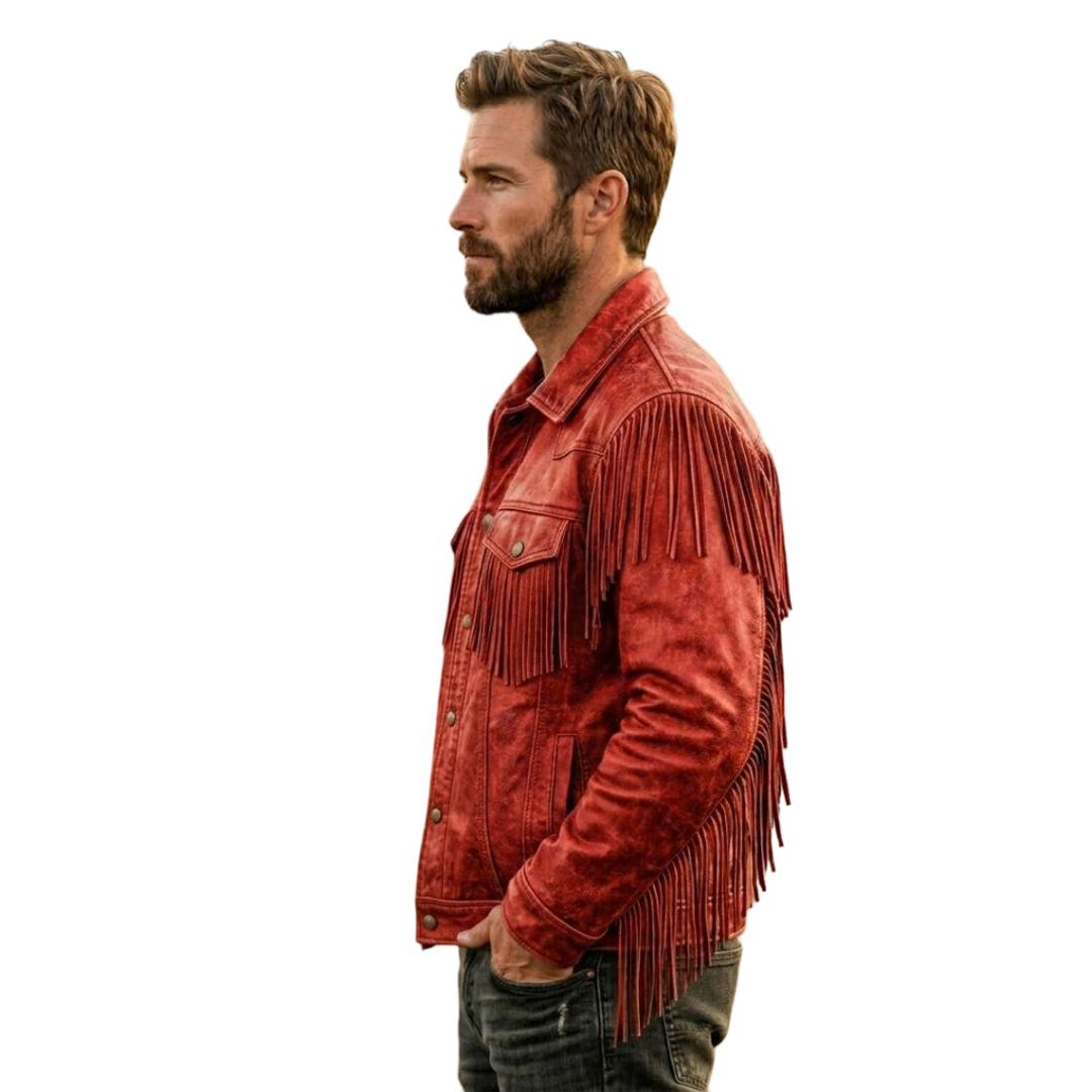 Side angle of red fringe leather jacket with long western fringe detail