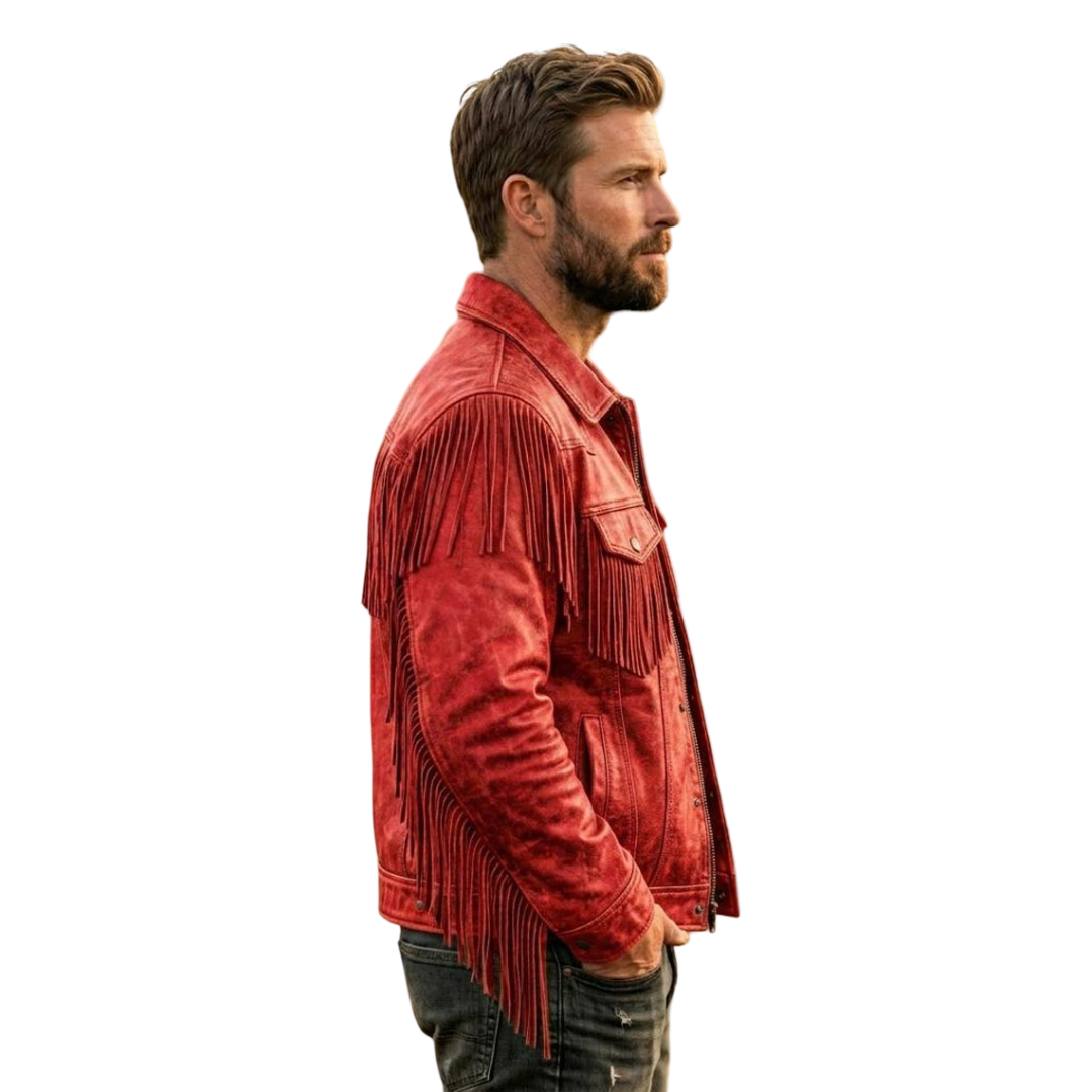 Side angle of red fringe leather jacket with long western fringe detail