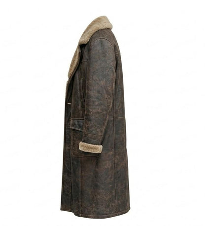 Side view of men vintage brown leather long coat with faux fur lining and tailored fit