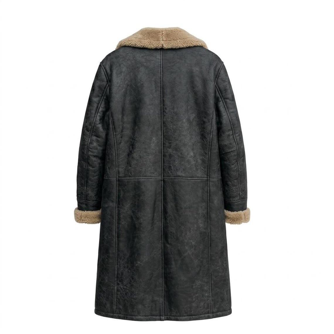 Back view of men vintage black leather long coat with faux fur lining and full length design