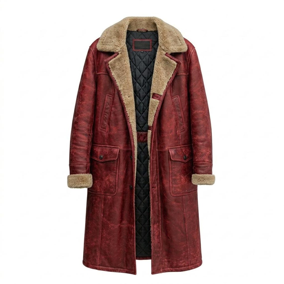 Front view of mens vintage red leather long coat with faux fur lining