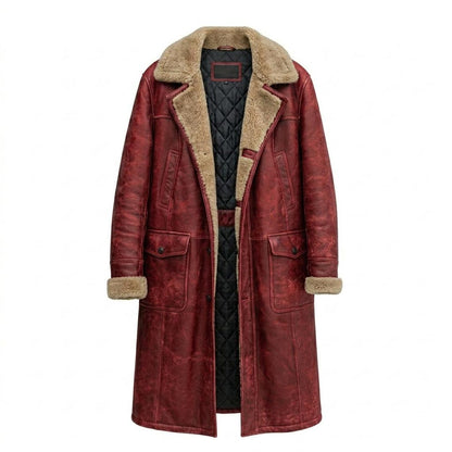 Front view of mens vintage red leather long coat with faux fur lining