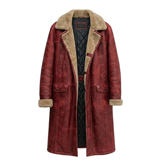 Front view of mens vintage red leather long coat with faux fur lining