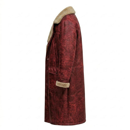  Side view of mens long red leather winter coat