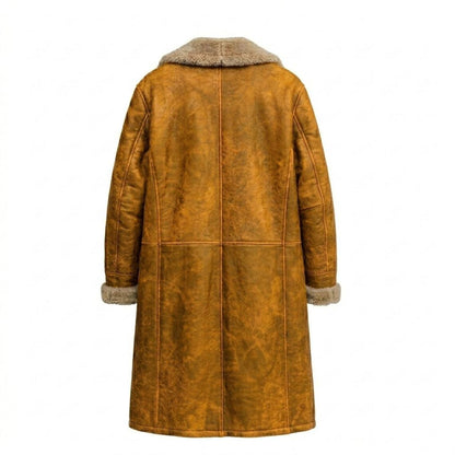 Back view of mens vintage yellow leather long coat with full length design