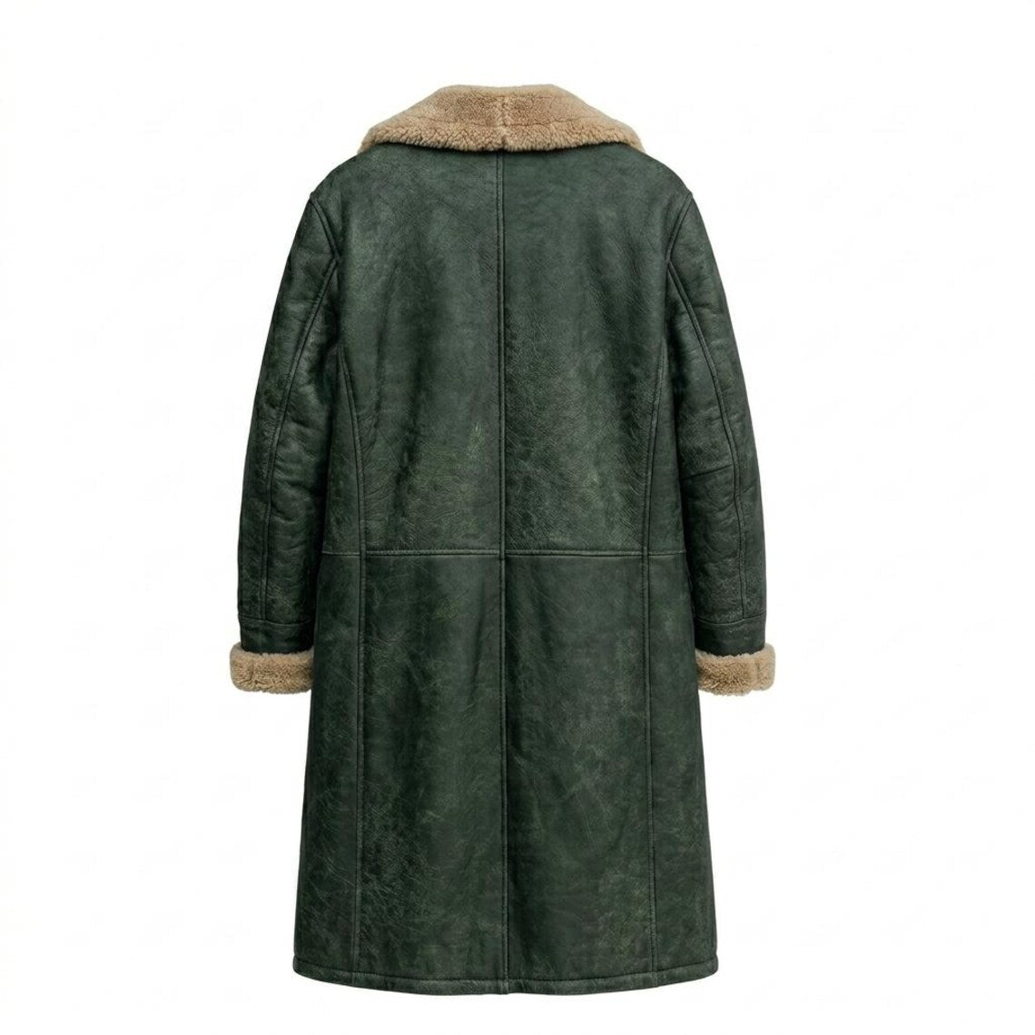 Back view of mens vintage green leather long coat with full length design