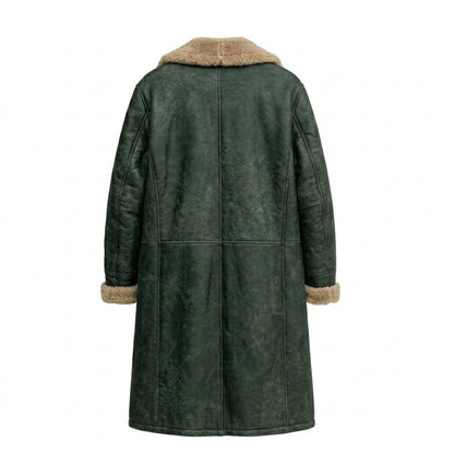 Back view of mens vintage green leather long coat with full length design