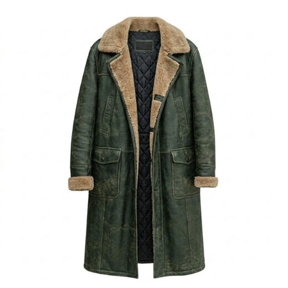 Front view of mens vintage green leather long coat with faux fur lining