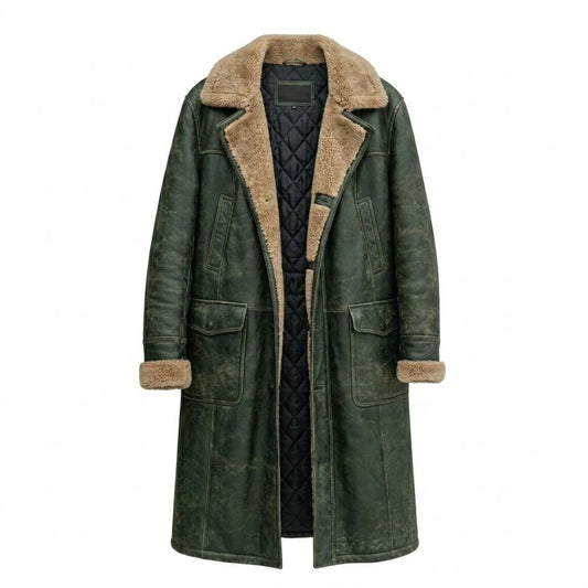 Front view of mens vintage green leather long coat with faux fur lining