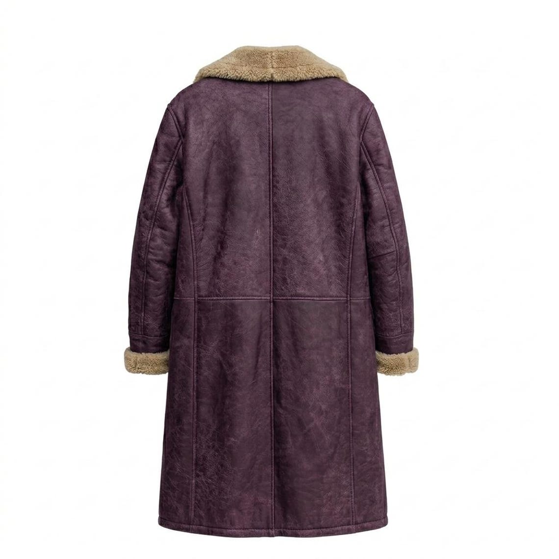 Back view of mens vintage purple leather long coat with faux fur lining and full length design