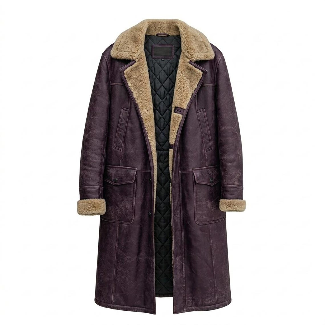 Front view of mens vintage purple leather long coat with faux fur lining