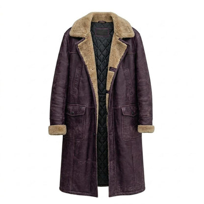 Front view of mens vintage purple leather long coat with faux fur lining