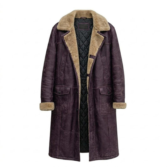 Front view of mens vintage purple leather long coat with faux fur lining