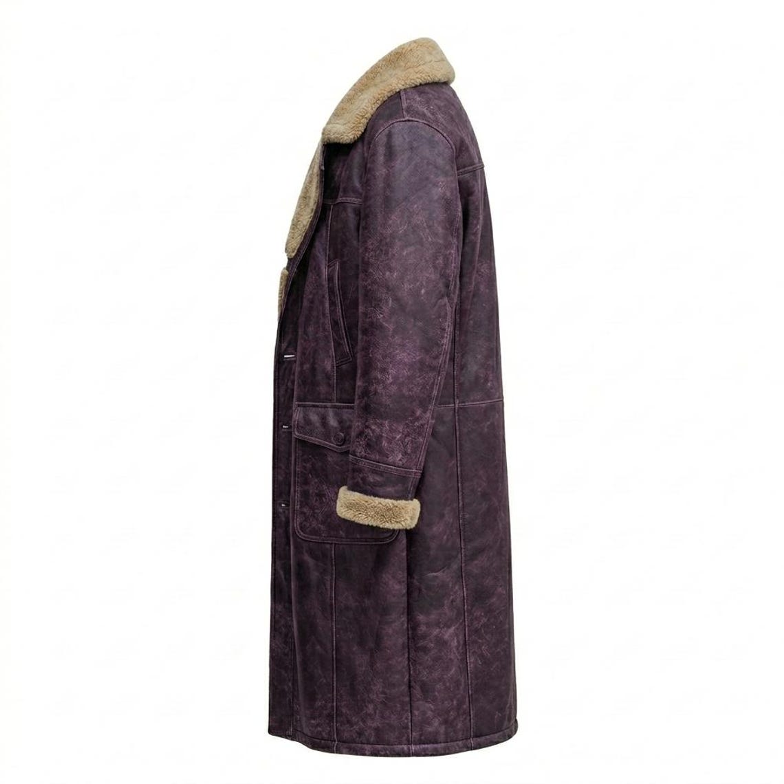Side view of mens long purple leather winter coat