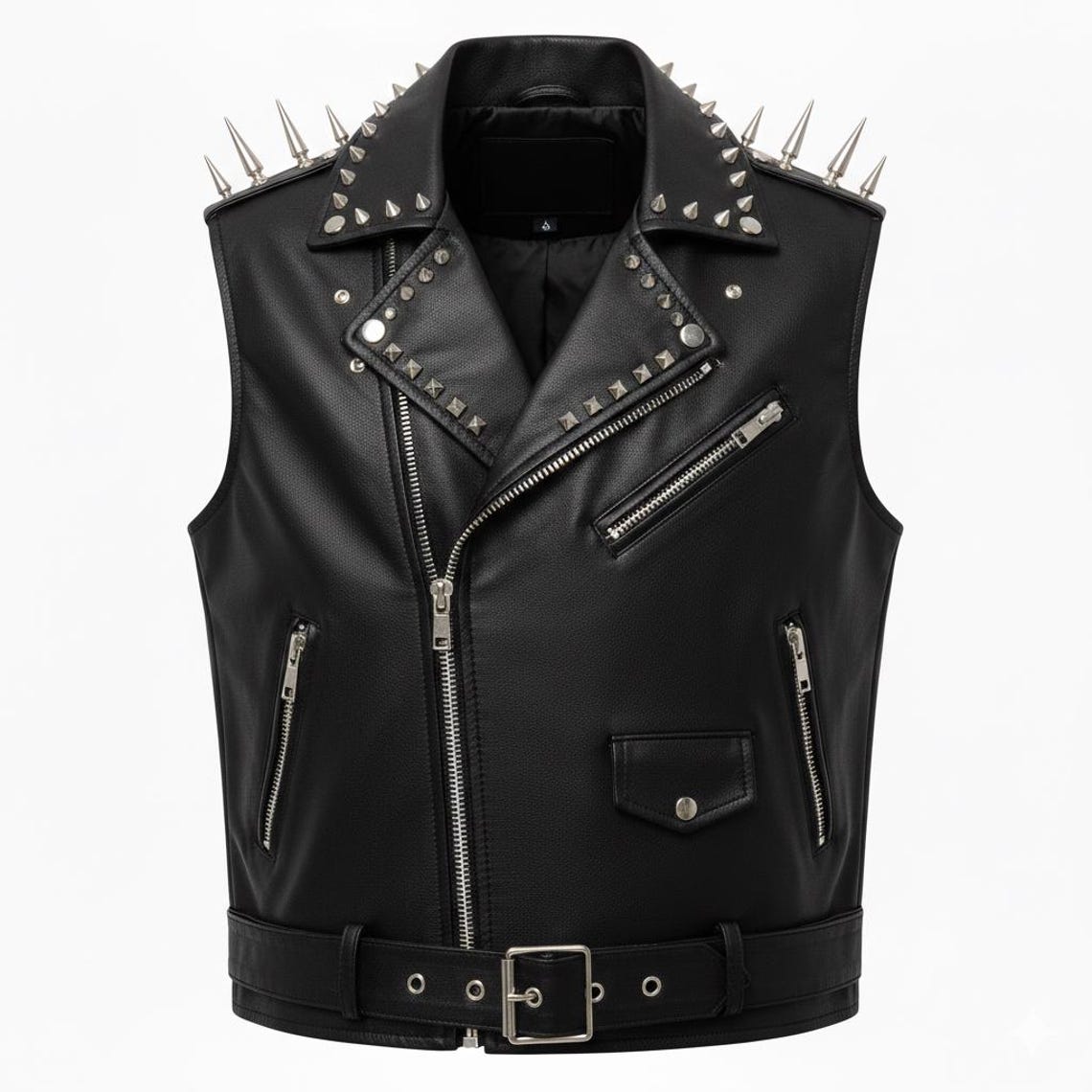 Men Studded Spiked Leather Biker Vest with Phoenix Fire Patch