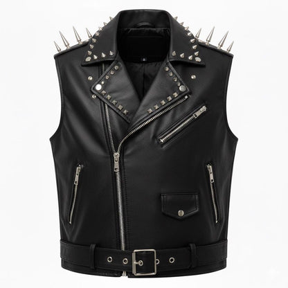 Men Studded Spiked Leather Biker Vest with Phoenix Fire Patch
