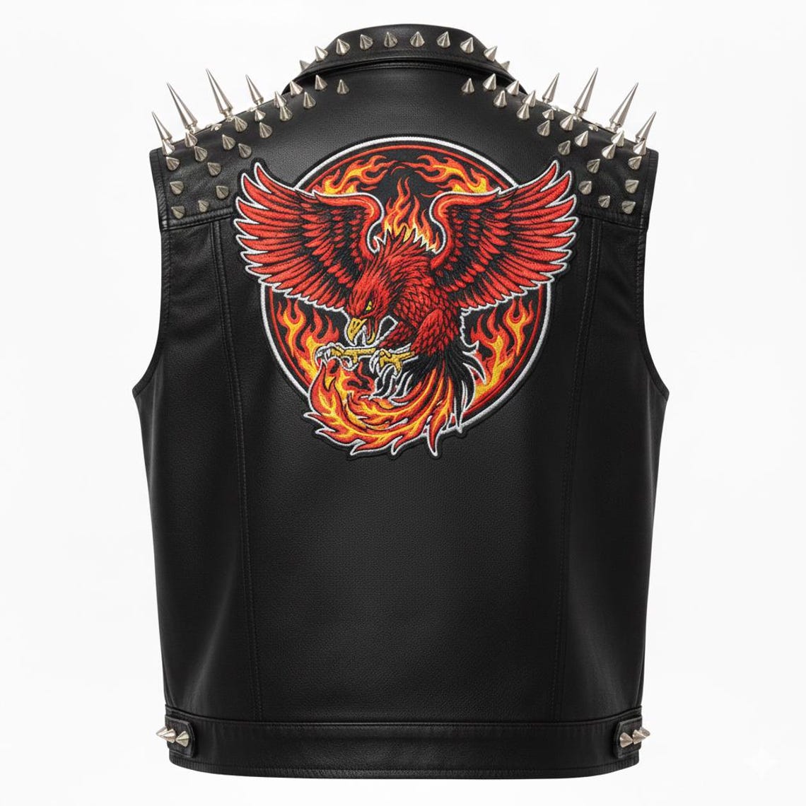 Men Studded Spiked Leather Biker Vest with Phoenix Fire Patch