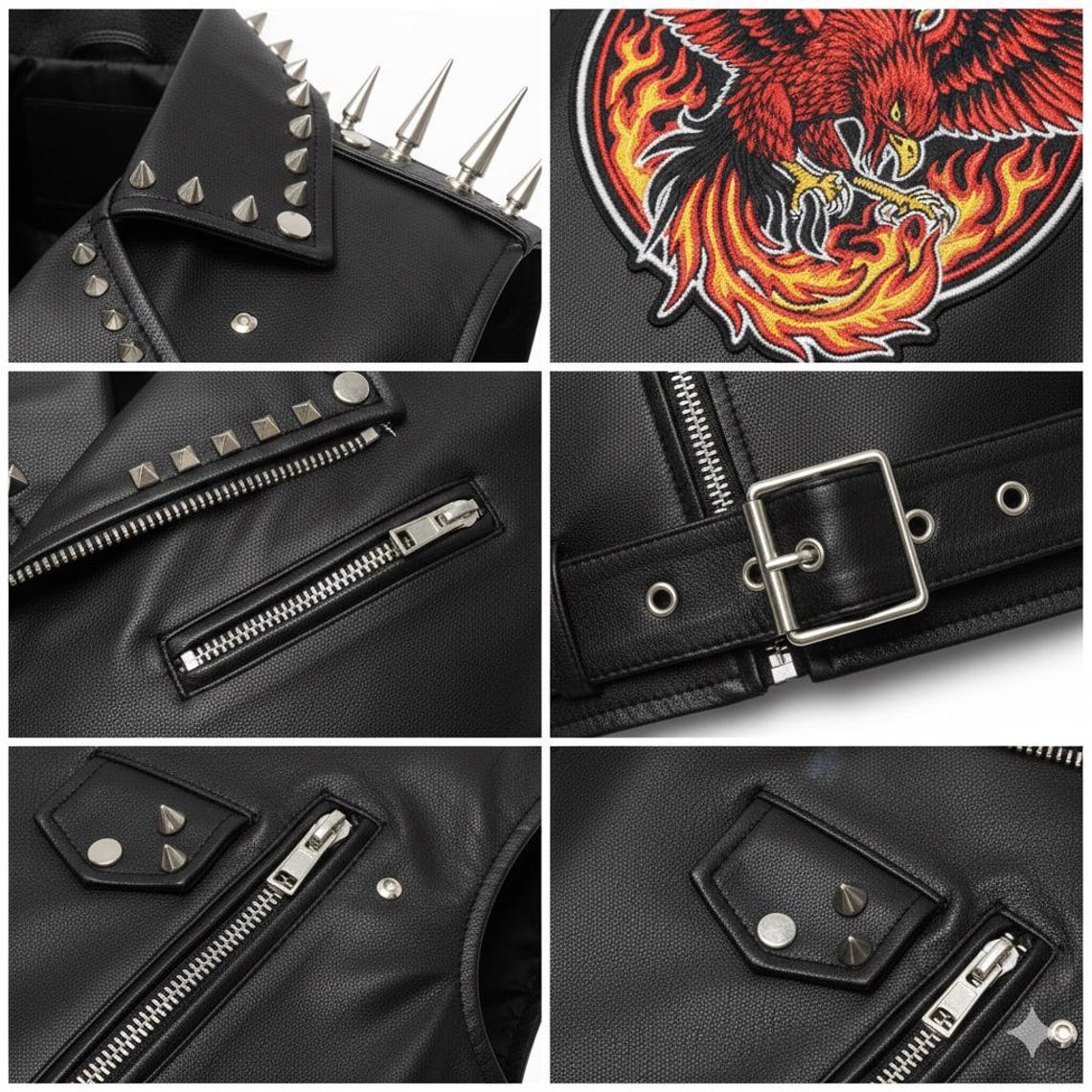 Men Studded Spiked Leather Biker Vest with Phoenix Fire Patch