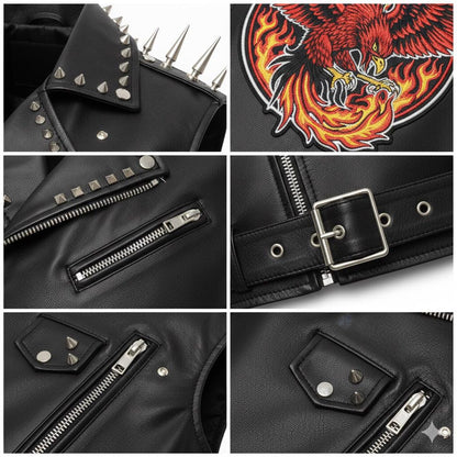 Men Studded Spiked Leather Biker Vest with Phoenix Fire Patch