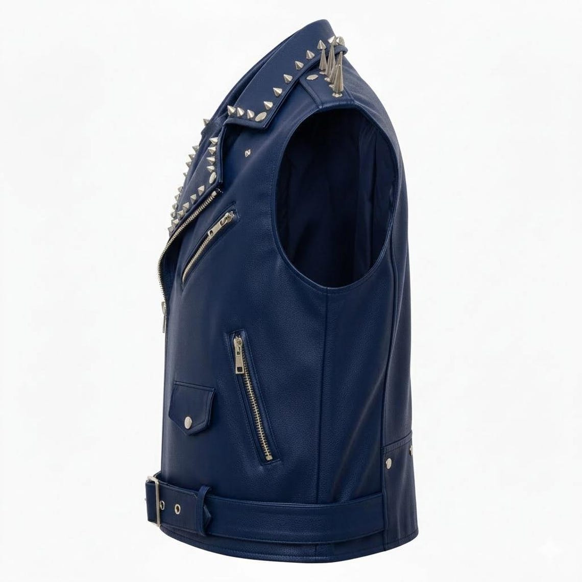 Men Blue Leather Biker Vest with Studded Spike Detail and Phoenix Patch