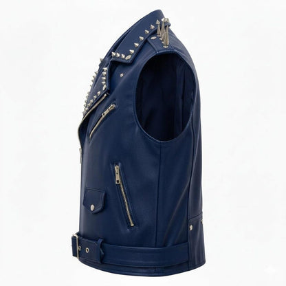 Men Blue Leather Biker Vest with Studded Spike Detail and Phoenix Patch