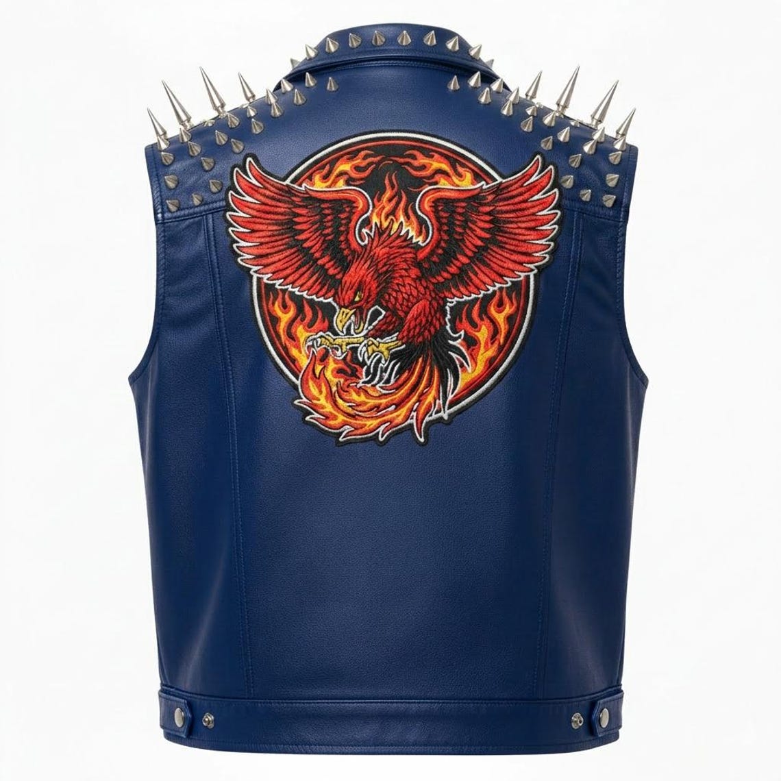 Men Blue Leather Biker Vest with Studded Spike Detail and Phoenix Patch