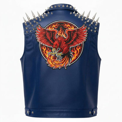 Men Blue Leather Biker Vest with Studded Spike Detail and Phoenix Patch