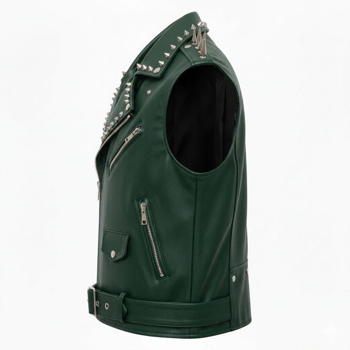 Men’s Green Studded Leather Biker Vest with Phoenix Fire Patch