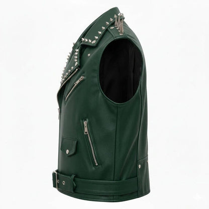Men’s Green Studded Leather Biker Vest with Phoenix Fire Patch