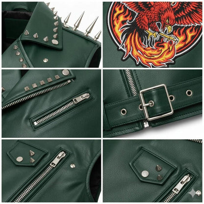 Men’s Green Studded Leather Biker Vest with Phoenix Fire Patch
