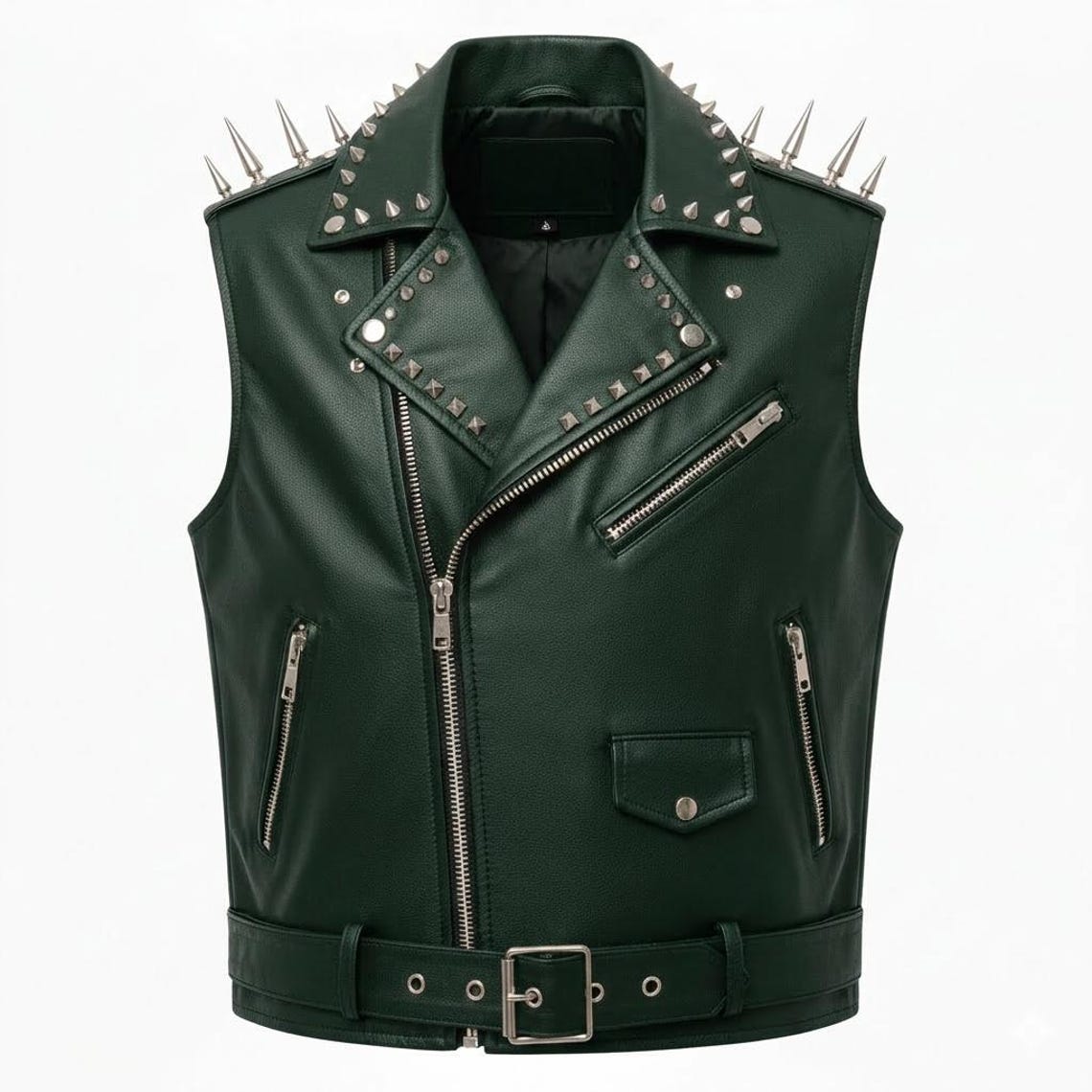 Men’s Green Studded Leather Biker Vest with Phoenix Fire Patch