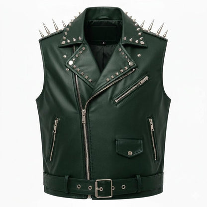 Men’s Green Studded Leather Biker Vest with Phoenix Fire Patch