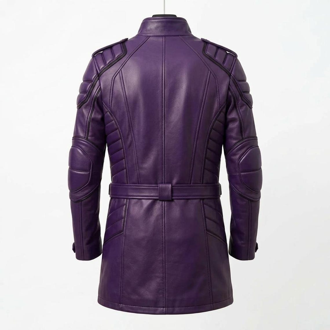  Back view of men purple leather long coat motorcycle style