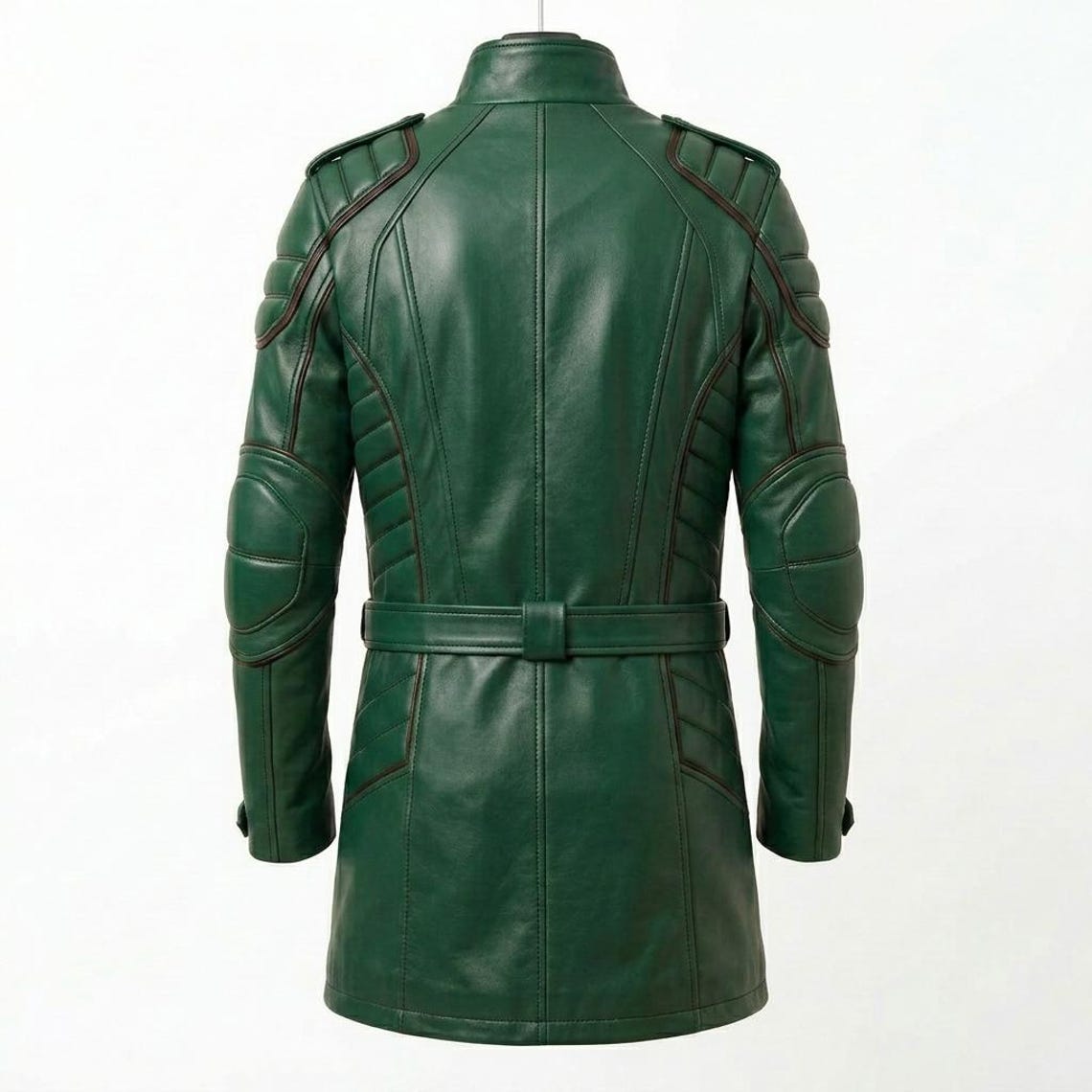 Back view of men green leather long coat motorcycle style