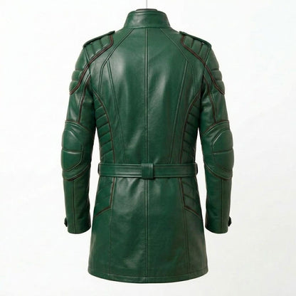 Back view of men green leather long coat motorcycle style