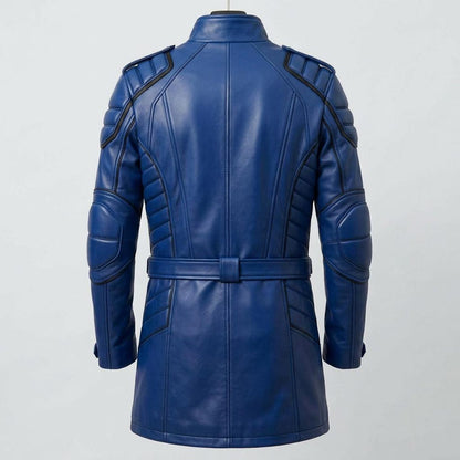 Back view of men blue leather long coat motorcycle style
