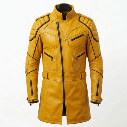 Front view of men yellow leather long coat tactical slim fit motorcycle jacket