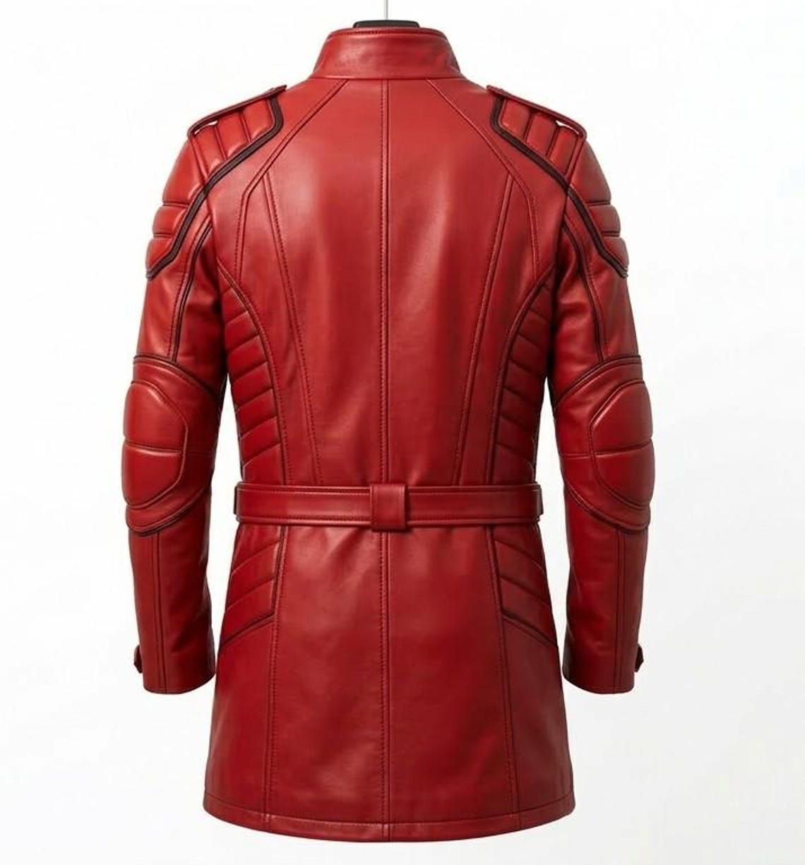 Back view of men tactical red leather long coat